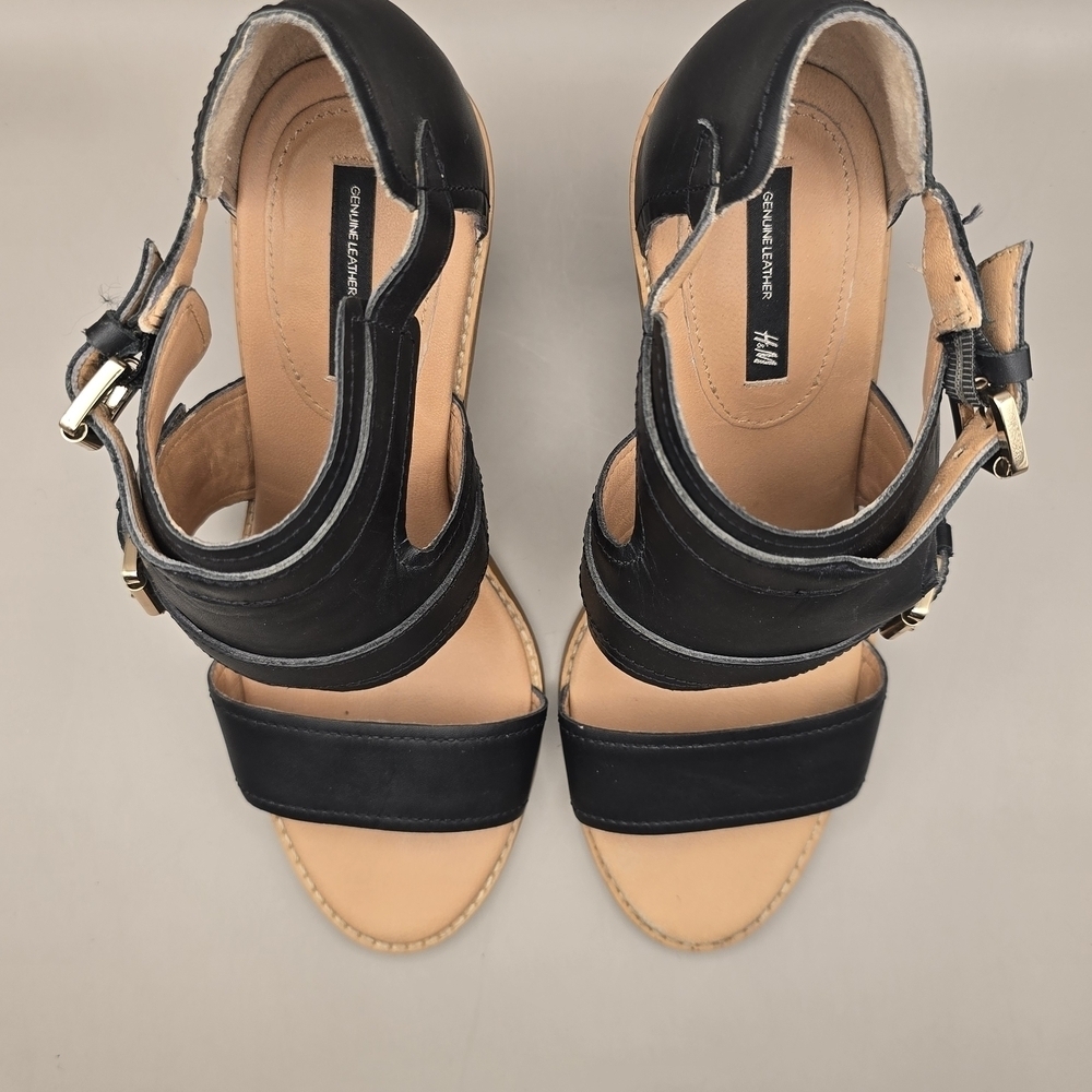 H&M Genuine Leather Sandal 3 Inch Block Heel Open Toe Adjustable Strap Black 7. - Picture 7 of 11